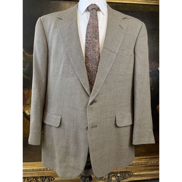 VTG‎ Corbin 46R USA MADE FULL CANVAS Tan & Blue 100% Wool Textured 2Btn Blazer